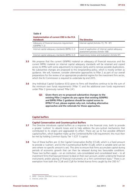 CP13/6 - CRD IV for Investment Firms - Financial Conduct Authority