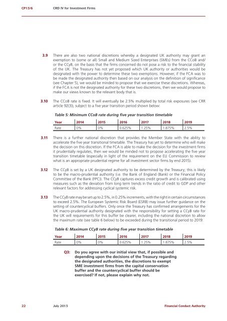 CP13/6 - CRD IV for Investment Firms - Financial Conduct Authority