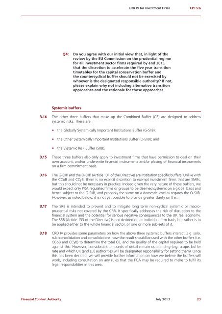 CP13/6 - CRD IV for Investment Firms - Financial Conduct Authority