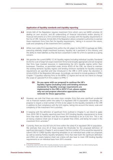 CP13/6 - CRD IV for Investment Firms - Financial Conduct Authority