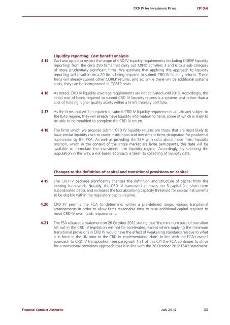 CP13/6 - CRD IV for Investment Firms - Financial Conduct Authority