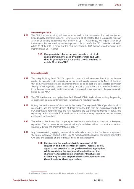 CP13/6 - CRD IV for Investment Firms - Financial Conduct Authority
