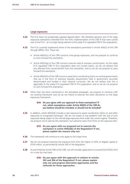 CP13/6 - CRD IV for Investment Firms - Financial Conduct Authority