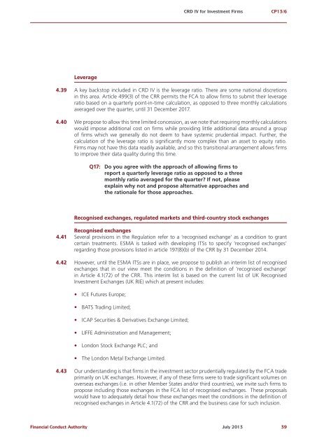 CP13/6 - CRD IV for Investment Firms - Financial Conduct Authority