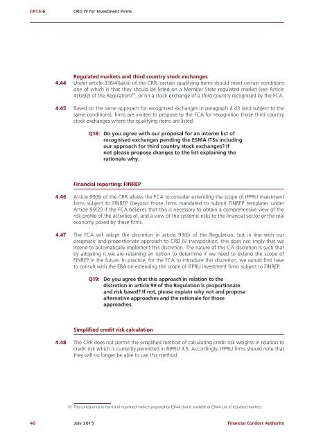 CP13/6 - CRD IV for Investment Firms - Financial Conduct Authority