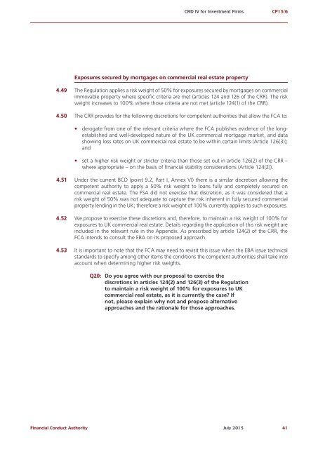 CP13/6 - CRD IV for Investment Firms - Financial Conduct Authority