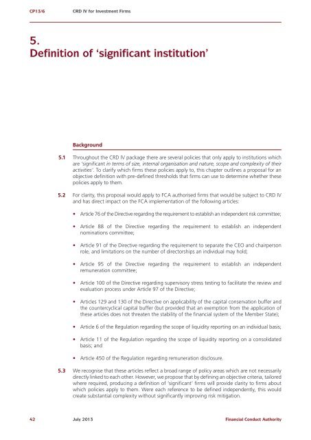 CP13/6 - CRD IV for Investment Firms - Financial Conduct Authority