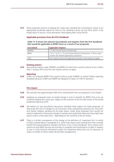 CP13/6 - CRD IV for Investment Firms - Financial Conduct Authority