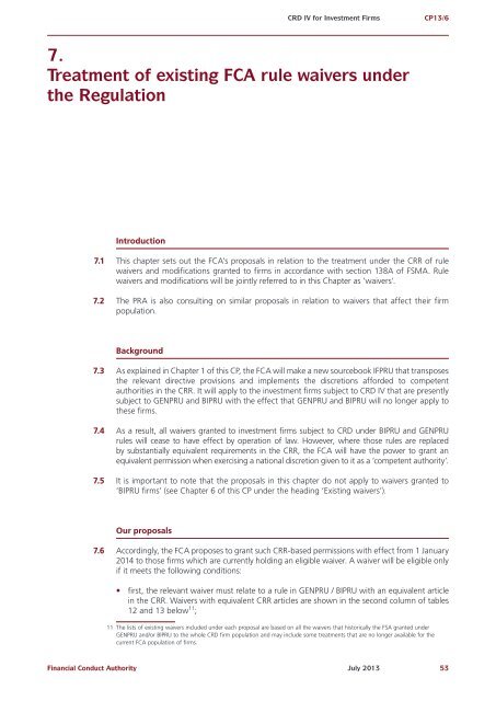 CP13/6 - CRD IV for Investment Firms - Financial Conduct Authority