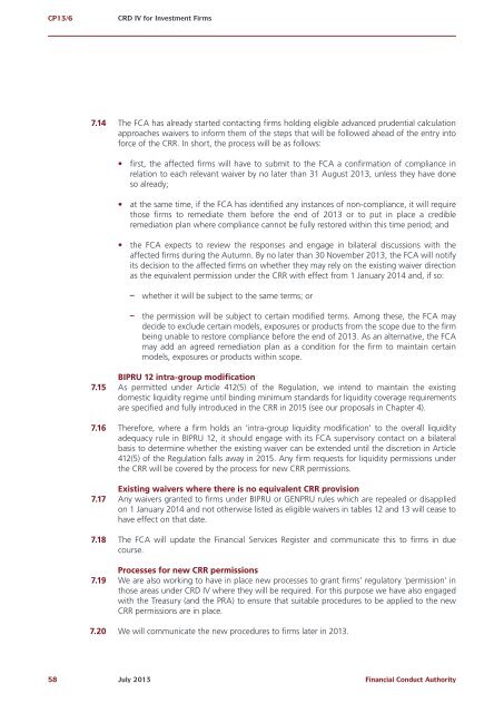 CP13/6 - CRD IV for Investment Firms - Financial Conduct Authority