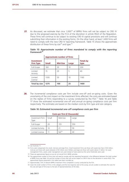 CP13/6 - CRD IV for Investment Firms - Financial Conduct Authority