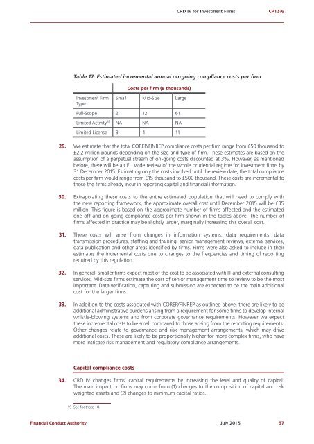 CP13/6 - CRD IV for Investment Firms - Financial Conduct Authority