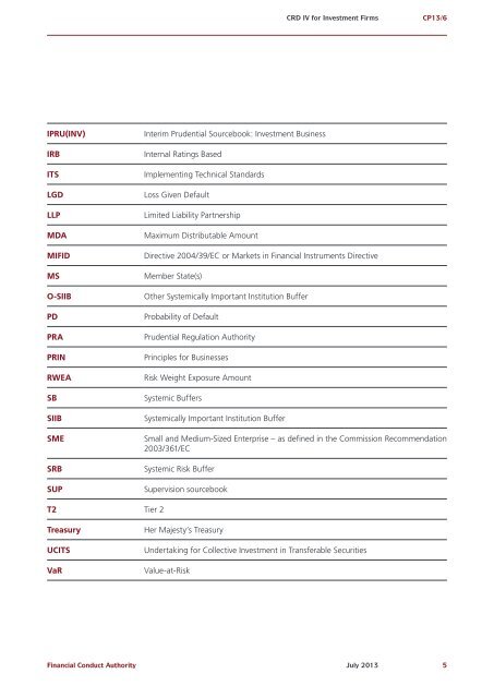 CP13/6 - CRD IV for Investment Firms - Financial Conduct Authority