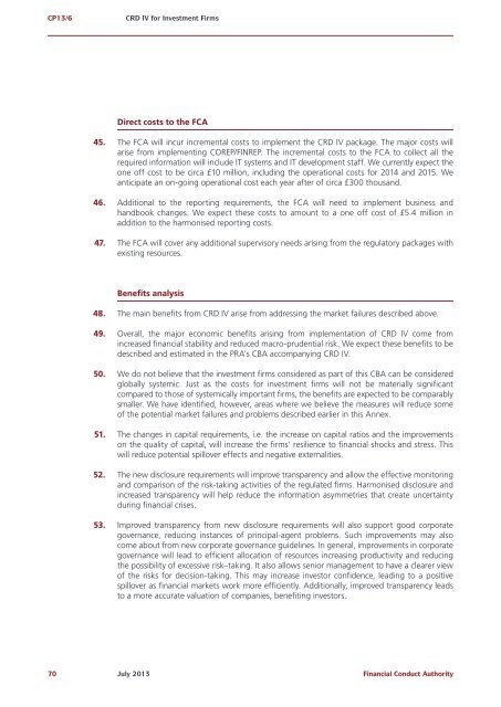 CP13/6 - CRD IV for Investment Firms - Financial Conduct Authority