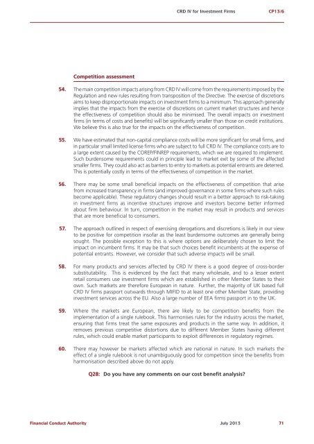 CP13/6 - CRD IV for Investment Firms - Financial Conduct Authority