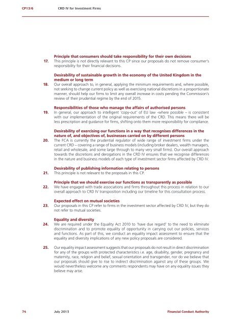 CP13/6 - CRD IV for Investment Firms - Financial Conduct Authority