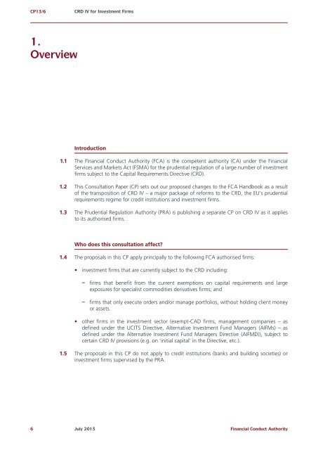 CP13/6 - CRD IV for Investment Firms - Financial Conduct Authority