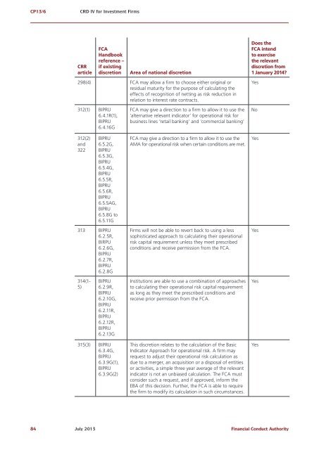 CP13/6 - CRD IV for Investment Firms - Financial Conduct Authority