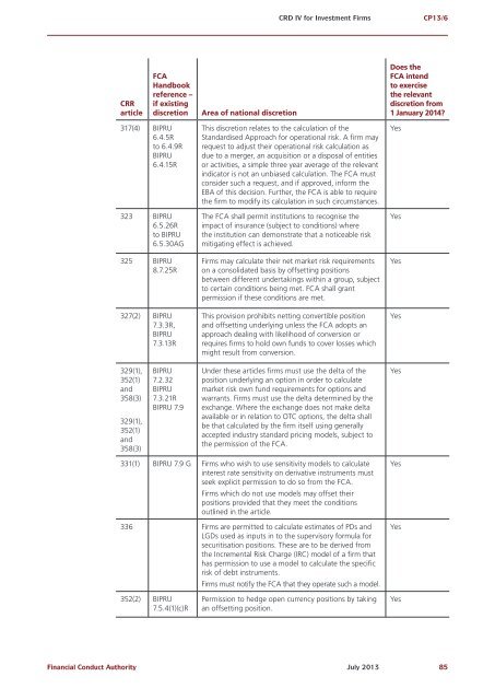 CP13/6 - CRD IV for Investment Firms - Financial Conduct Authority