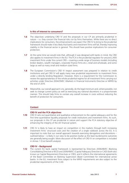 CP13/6 - CRD IV for Investment Firms - Financial Conduct Authority