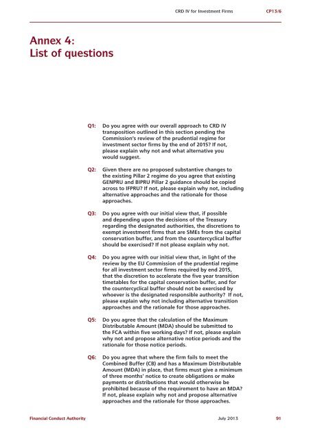 CP13/6 - CRD IV for Investment Firms - Financial Conduct Authority