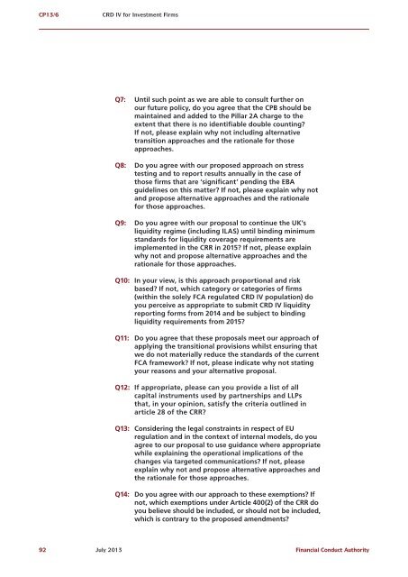 CP13/6 - CRD IV for Investment Firms - Financial Conduct Authority