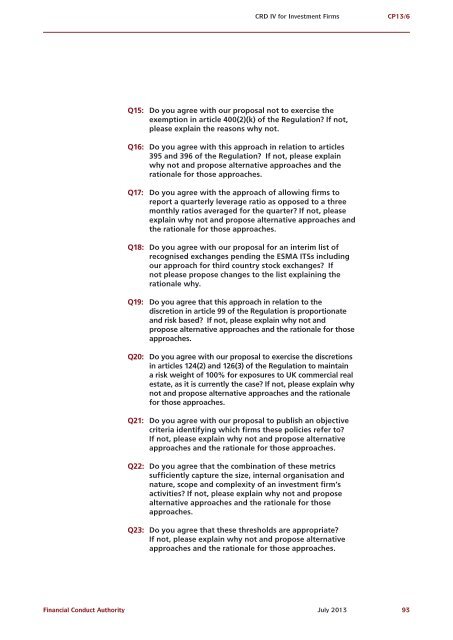 CP13/6 - CRD IV for Investment Firms - Financial Conduct Authority