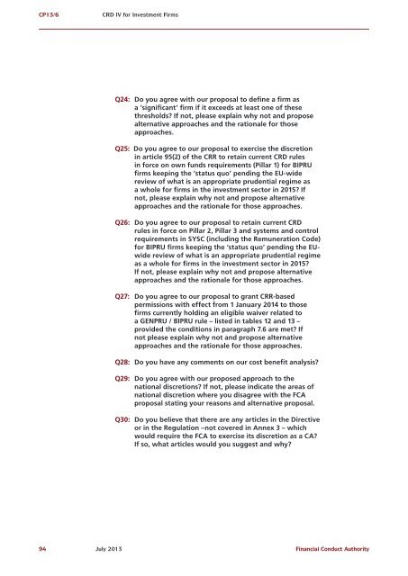 CP13/6 - CRD IV for Investment Firms - Financial Conduct Authority