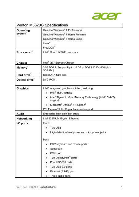 Veriton M6620G Specifications - Acer India