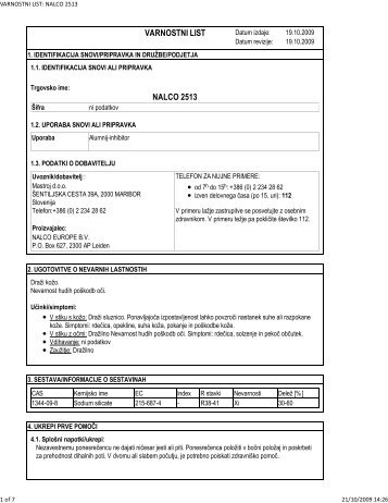 VARNOSTNI LIST: NALCO 2513 - Mastroj doo