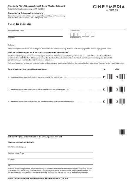 Vollmacht Weisungsformulare Cinemedia Film Ag