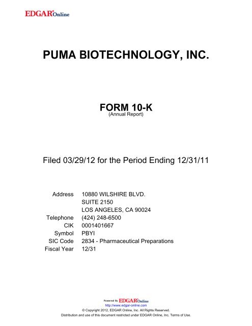PUMA BIOTECHNOLOGY, INC. FORM 10-K - Biotech Due Diligence