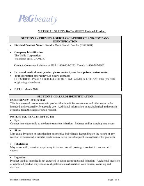 MATERIAL SAFETY DATA SHEET Finished Product ... - Wella