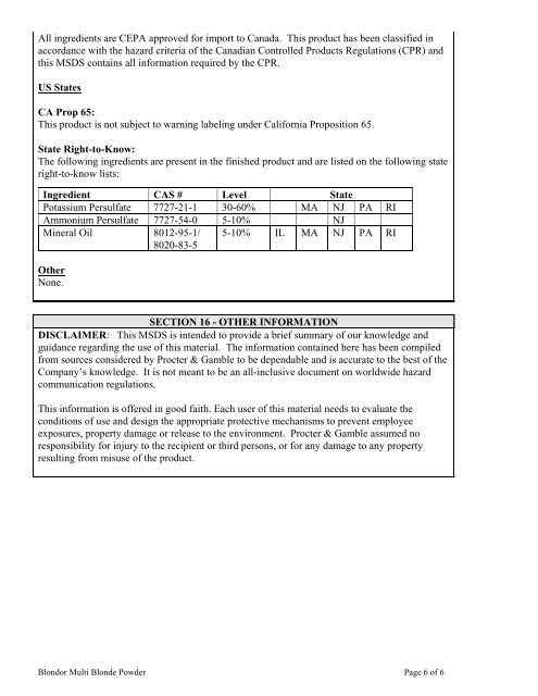 MATERIAL SAFETY DATA SHEET Finished Product ... - Wella