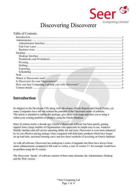 White paper outlining the usage of Discoverer pdf - Seer Computing