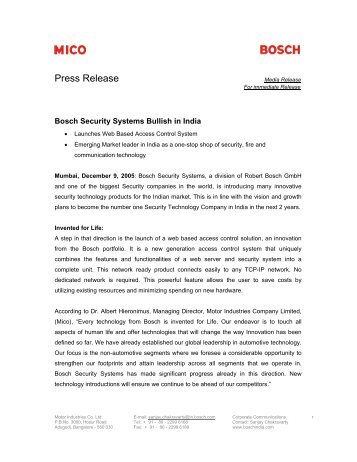 Dec 9 05 Access Control system - Bosch - in India