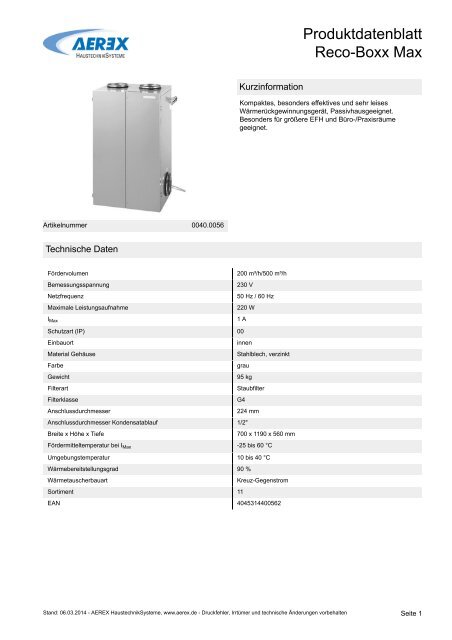 Produktdatenblatt Reco-Boxx Max - Aerex