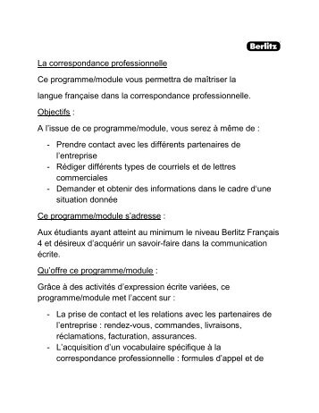 La correspondance professionnelle Ce programme/module ... - Berlitz