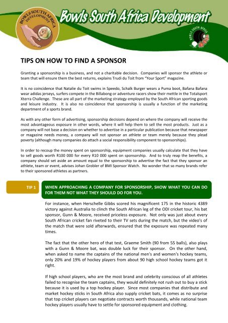 TIPS ON HOW TO FIND A SPONSOR - Bowls South Africa