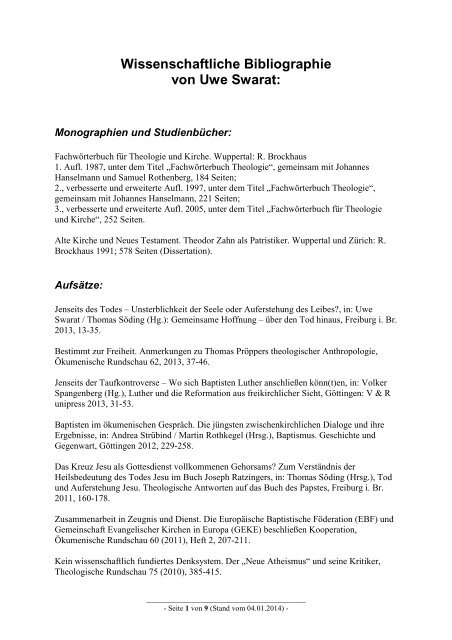 Veröffentlichungsliste Uwe Swarat - Theologisches Seminar Elstal