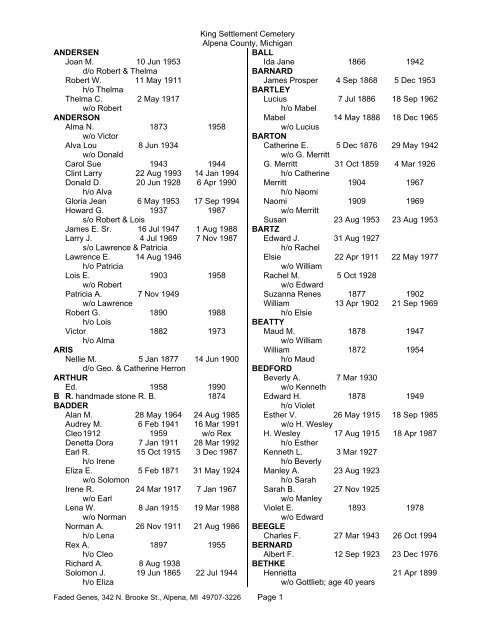 King Settlement Cemetery - Alpena County George N. Fletcher ...