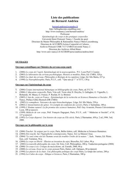 Liste des publications de Bernard Andrieu - CNRS