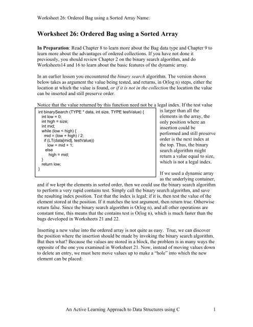 Worksheet 26: Ordered Bag using a Sorted Array - Classes