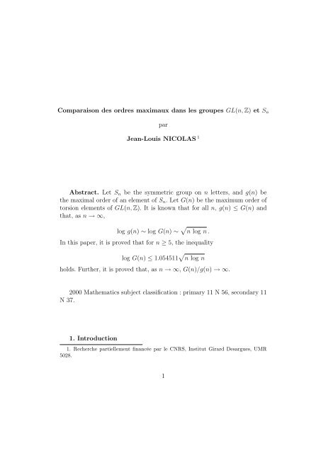 Comparaison des ordres maximaux dans les groupes GL(n,Z) et S ...