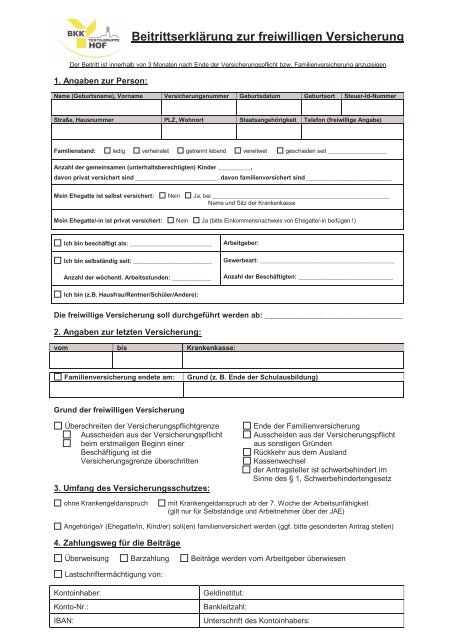 Anmeldung Zur Freiwilligen Versicherung Bkk Textilgruppe Hof