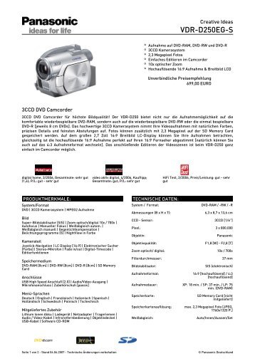 Datenblatt: VDR-D250EG-S - LCD Ã©s plazma TV diszkont