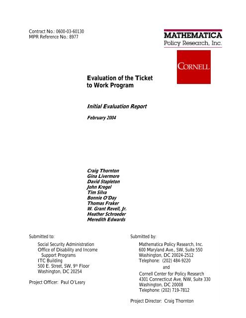 Evaluation of the Ticket to Work Program Initial Evaluation Report