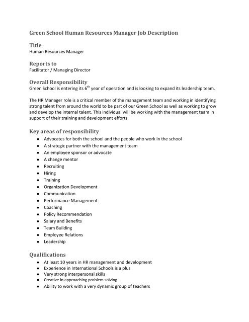 Green School Human Resources Manager Job Description Title 