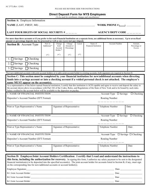 Direct Deposit Form for NYS Employees Section B: Account Type