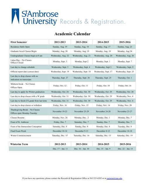 Academic Calendar - St. Ambrose University Academic Calendar - St. Ambrose University